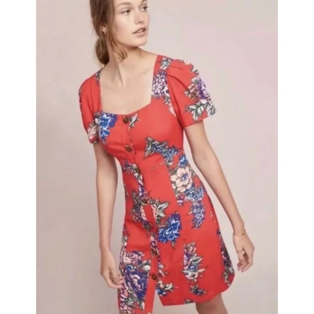 Anthropologie Maeve Caldwell Button Down Dress Womens Size 6 Red Floral